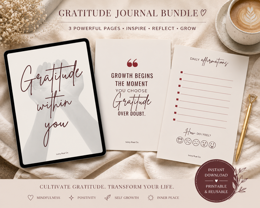 Gratitude journal bundle with digital and printed components on a soft surface.