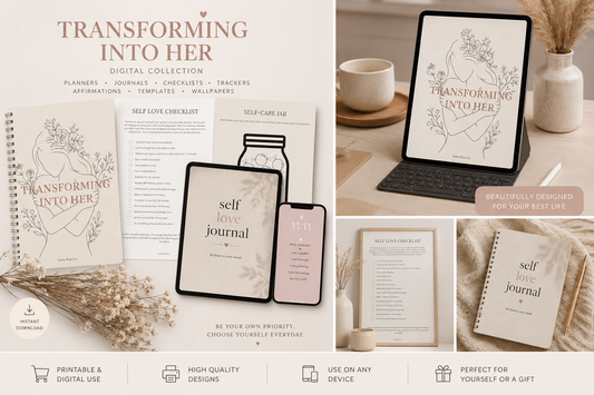 Transforming into Her' with journal, planner, and digital designs.